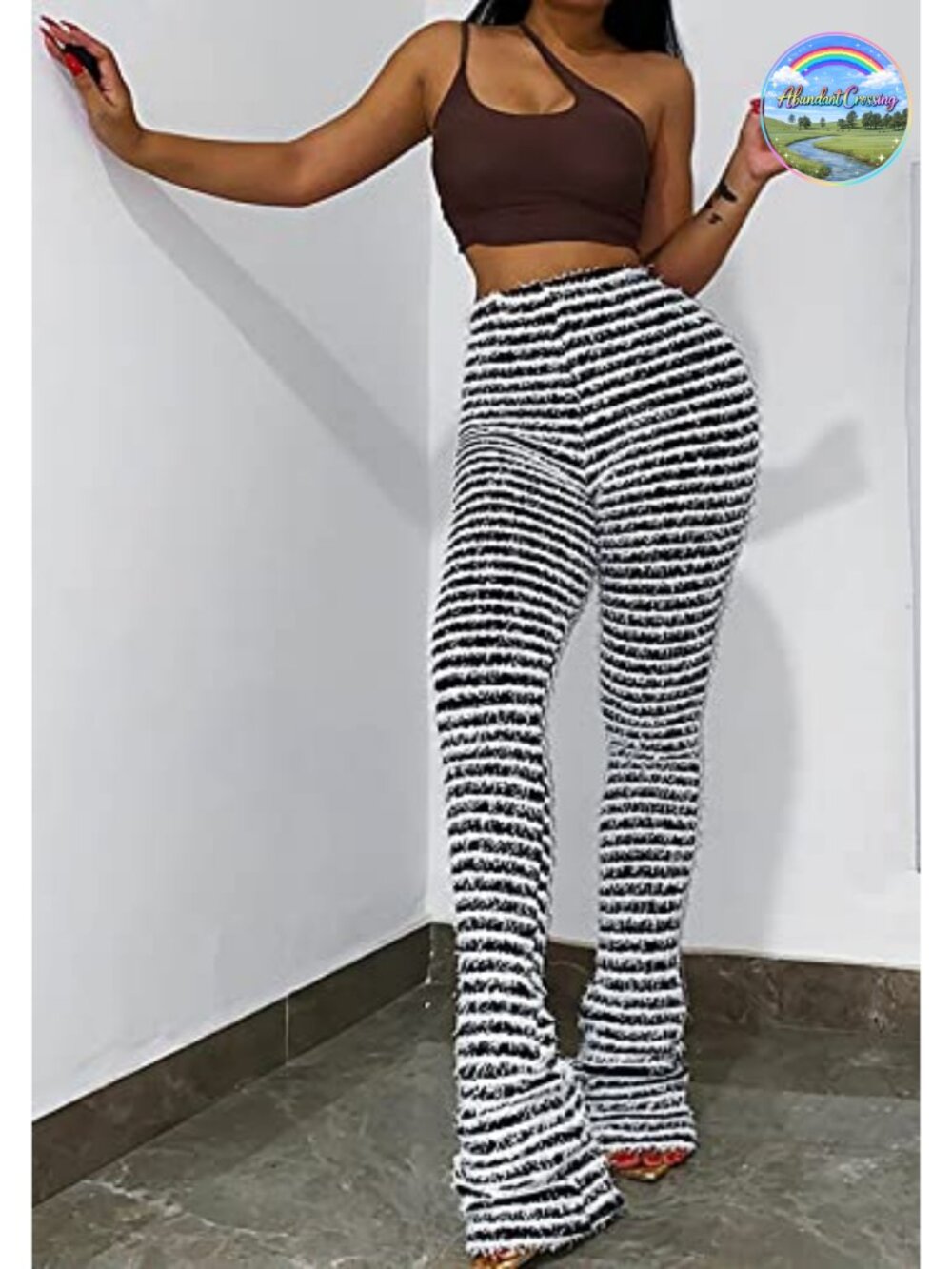 High Waist Fuzzy Knit Bell Bottom Pants Striped Flared Sweatpants - Picture 2 of 6